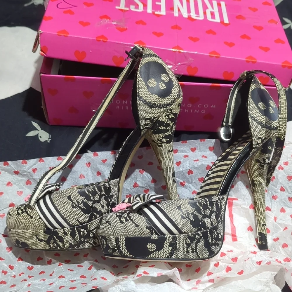 Iron Fist Black and Cream Striped Heels with Pink Accents - Picture 4 of 4